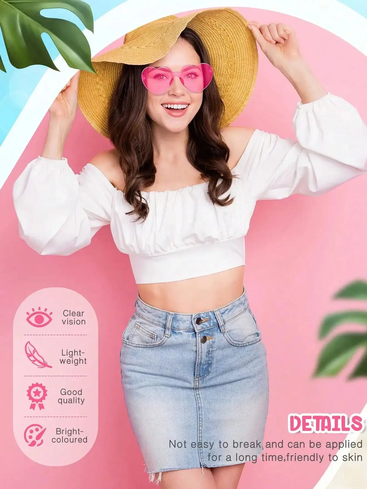 A woman models pink rimless heart sunglasses with a straw hat and a white cropped top and denim skirt.