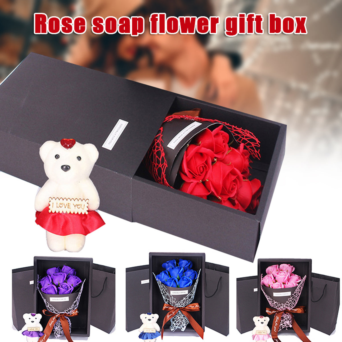 A gift box containing a rose soap bouquet and a plush bear, with additional floral arrangements visible.