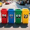 A set of four cartoon face PVC stickers in red, blue, green, and yellow are displayed on the ground.
