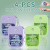 Four purple and green Wish hand sanitizer sprays with various fruit fragrances