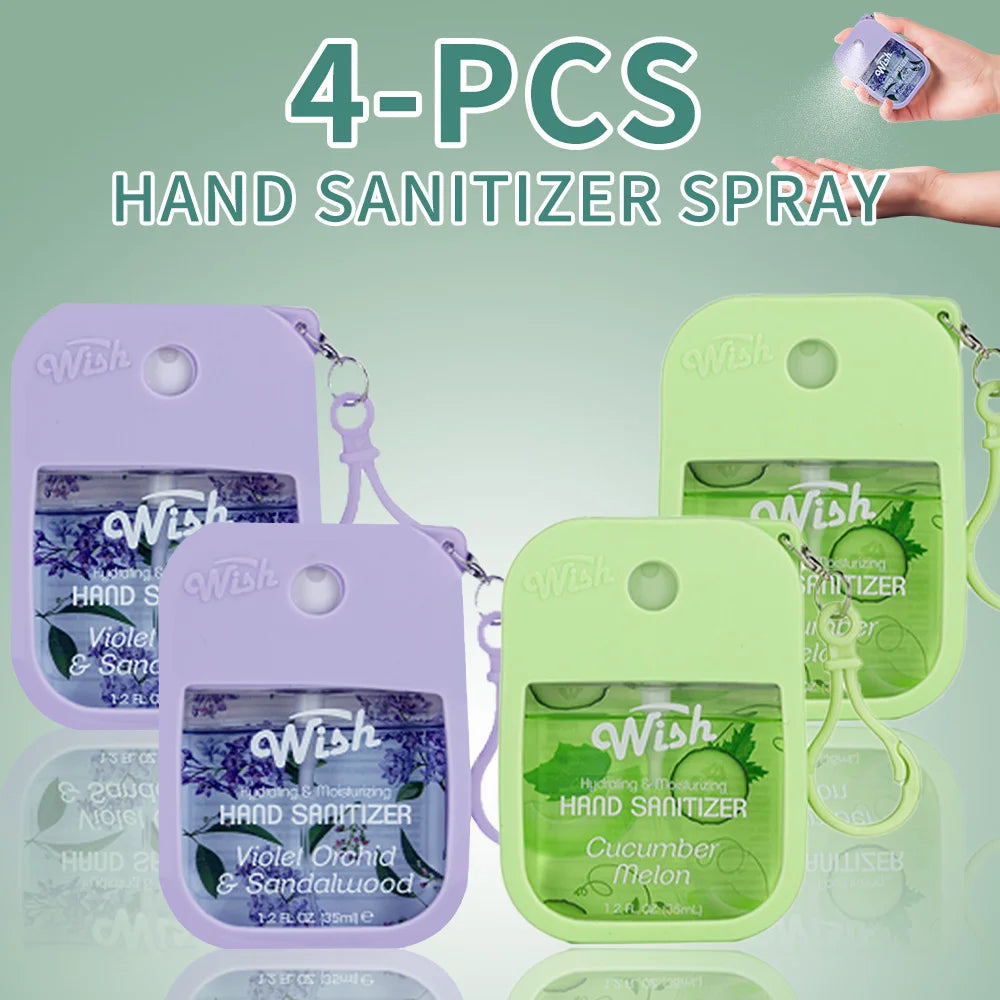 Four purple and green Wish hand sanitizer sprays with various fruit fragrances