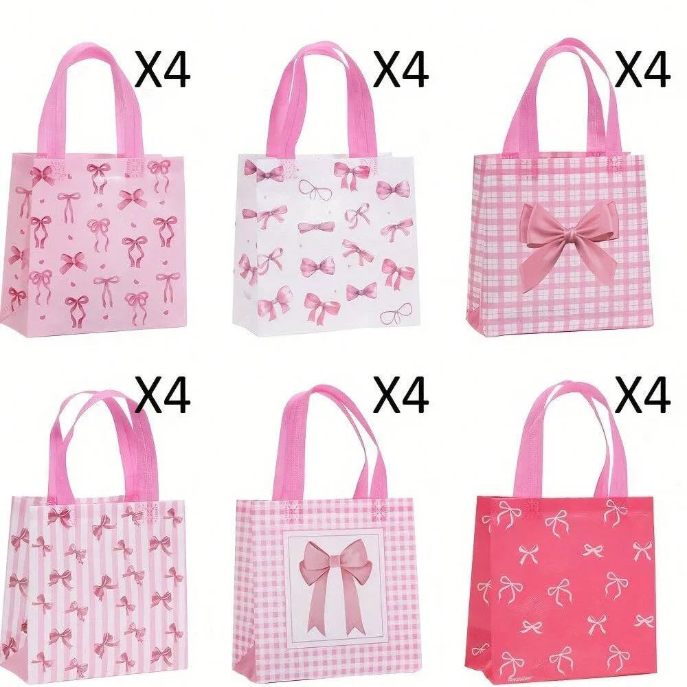 Four sets of pink and white patterned gift bags featuring bows and heart cutouts