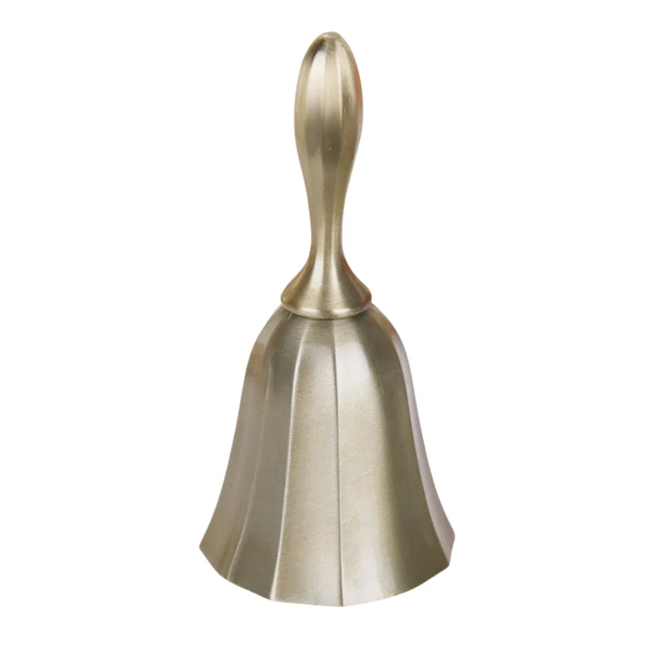 Ornate brass hand call bell with a flared, conical shape.