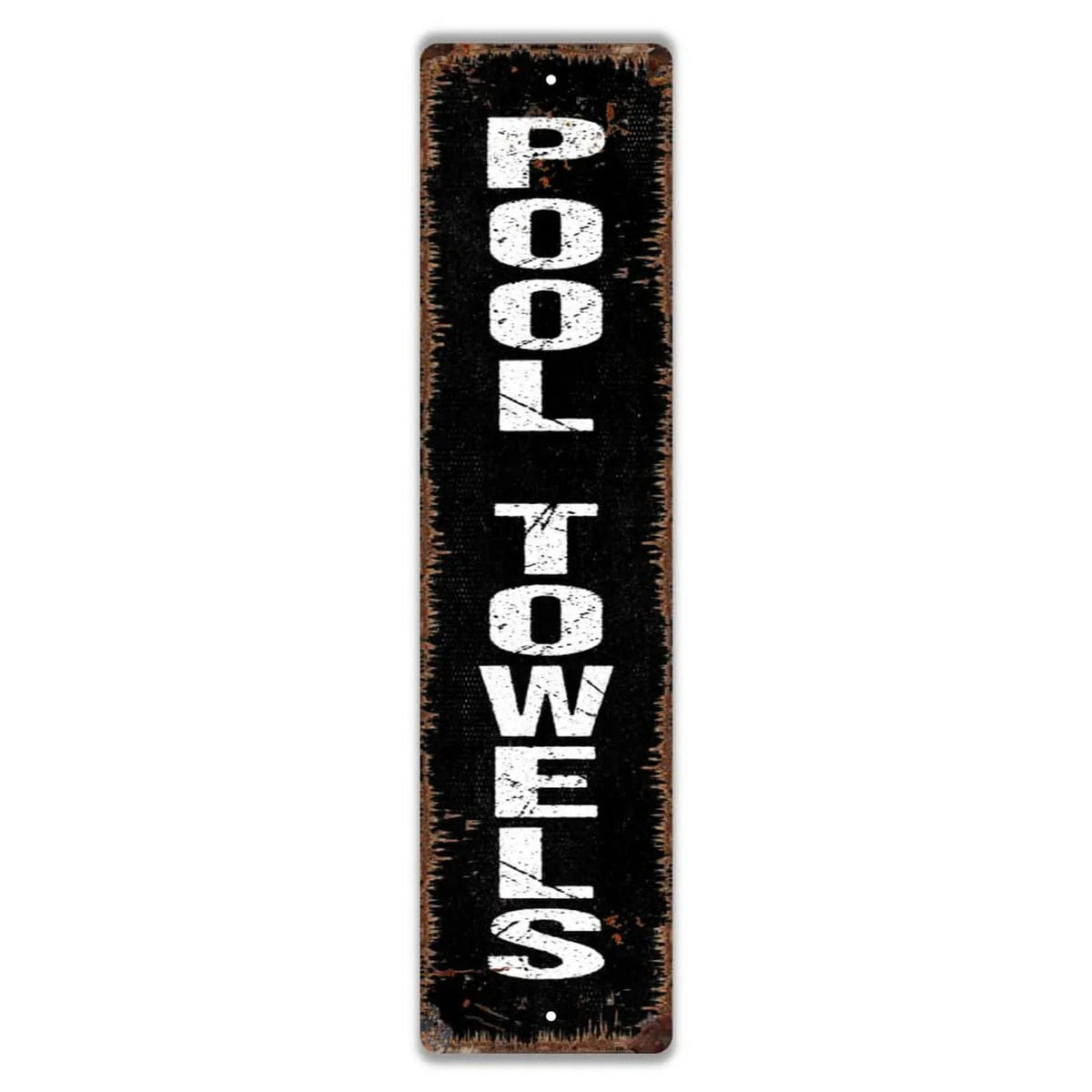 Vintage metal sign with the text POOL TOWELS in distressed white lettering on a black background