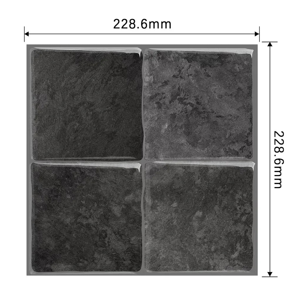 A square peel and stick 3D marble tile backsplash featuring four individual tiles with dimensions of 228.6mm by 228.6mm.