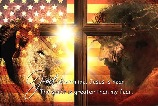 A canvas wall art depicting a lion's head and a cross, with text that reads God is with me Jesus is near The spirit is greate