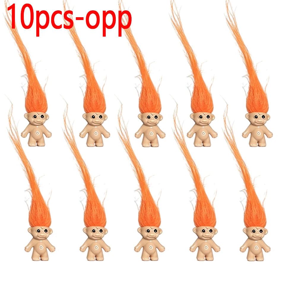 Ten orange troll doll figures in various poses and styles.