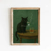 A framed canvas art print featuring a black cat smoking a pipe on a wooden table in a green room.