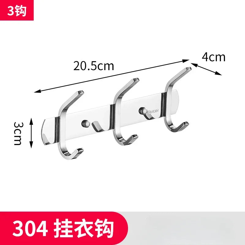 A set of six polished stainless steel wall-mounted hooks for hanging items.