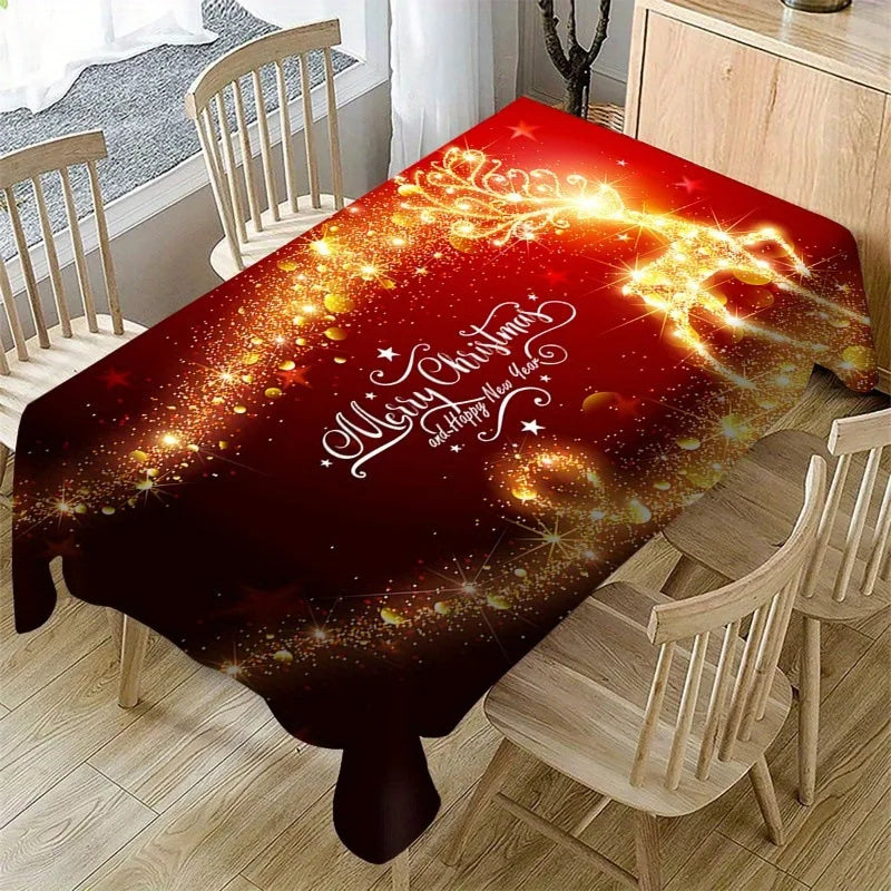 Festive red Christmas tablecloth with gold glitter and lights on a dining table.