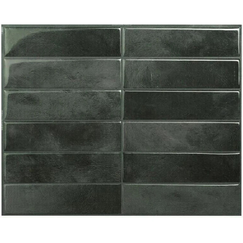 A rectangular panel of dark gray, textured peel and stick backsplash tiles.