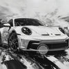 Black and white oil painting style canvas art of a Porsche sports car in motion