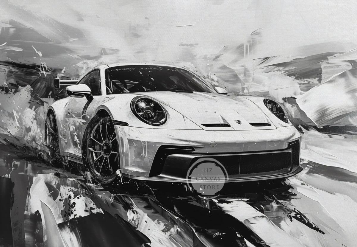 Black and white oil painting style canvas art of a Porsche sports car in motion