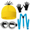 A set of a yellow Halloween costume hat with a spiky top, black gloves, and blue glasses strap.