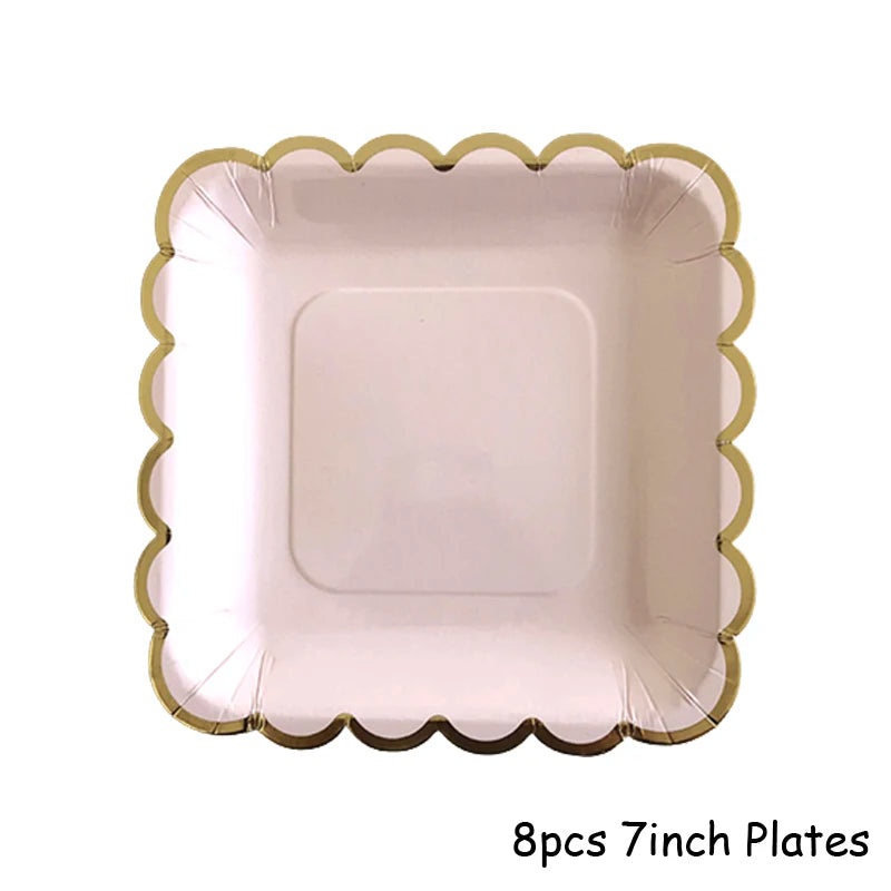 Eight 7-inch pink plates with gold scalloped edges