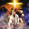 A depiction of a lion with a cross behind a man in white robes emerging from water.