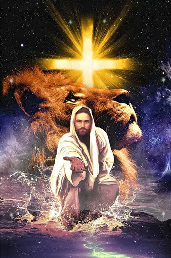 A depiction of a lion with a cross behind a man in white robes emerging from water.