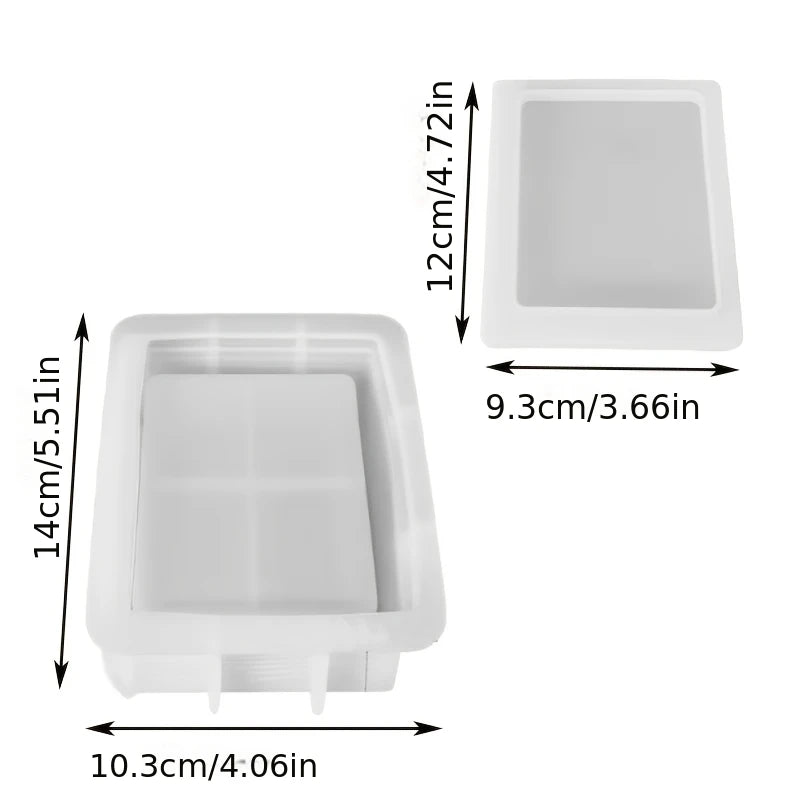 White openable book-shaped silicone mold for resin and concrete DIY with dimensions 14cm x 12cm.