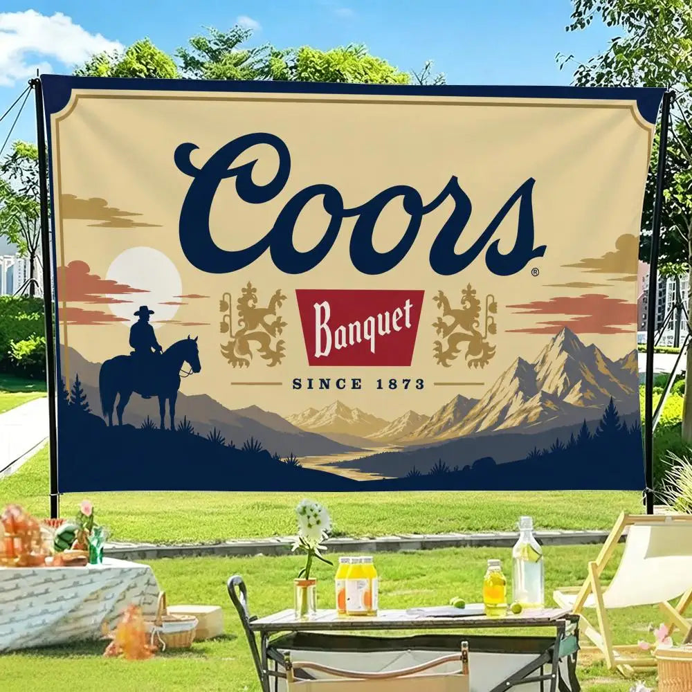 A large banner featuring the word Coors and a silhouette of a sunset over mountains.