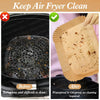 Before and after comparison showing how to keep an air fryer clean using disposable parchment paper liners