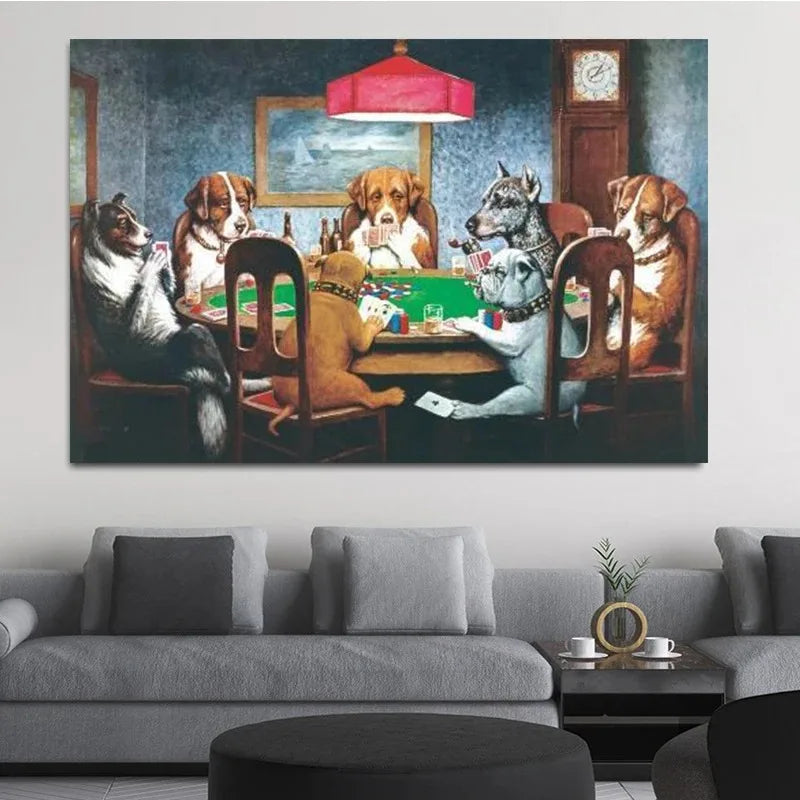 Canvas wall art depicting dogs playing poker around a table in a dimly lit room.