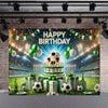A soccer field party backdrop featuring a birthday theme with balloons, soccer balls, and festive decorations.