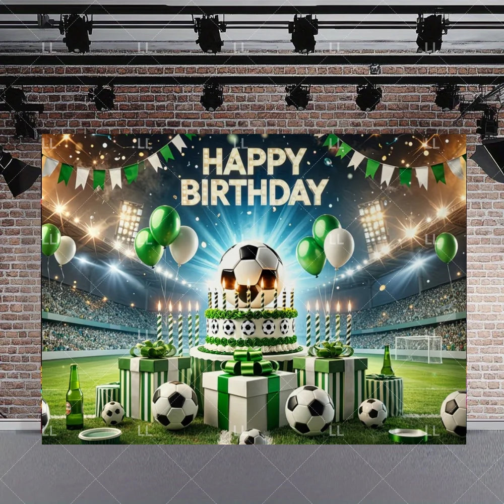 A soccer field party backdrop featuring a birthday theme with balloons, soccer balls, and festive decorations.