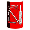 A red flag featuring various tools like wrenches and a hammer, designed for garage walls.