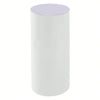 Set of three white cylinder pedestal display stands.