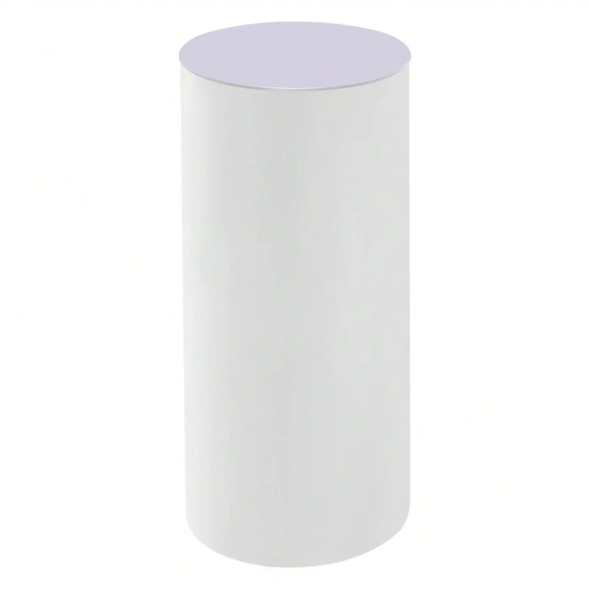 Set of three white cylinder pedestal display stands.