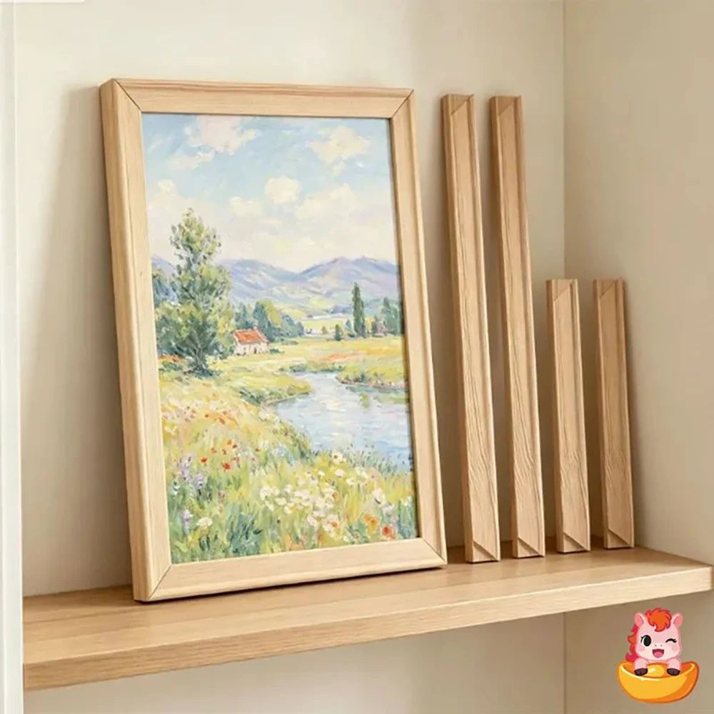 A framed landscape painting displayed alongside several wooden stretcher bars on a light shelf.