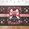 A pink bow tie birthday party backdrop banner featuring glitter, roses, and balloons on a dark background.