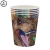 A disposable paper cup featuring a dinosaur graphic design for a birthday party decoration kit.