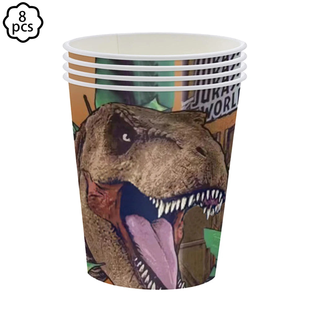 A disposable paper cup featuring a dinosaur graphic design for a birthday party decoration kit.