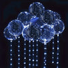 A cluster of blue LED illuminated balloons floating above strings of sparkling lights.