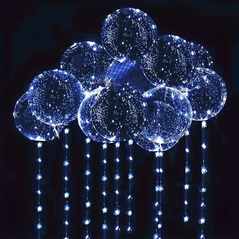 A cluster of blue LED illuminated balloons floating above strings of sparkling lights.