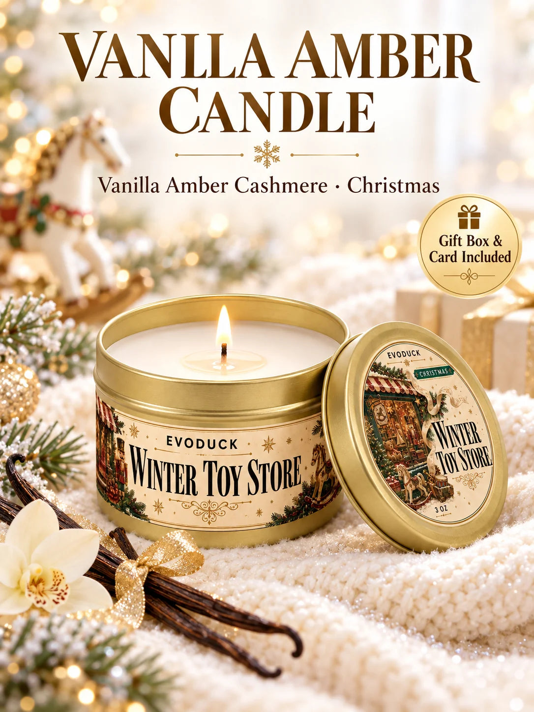A golden candle in a tin is shown with a gift box and card, set against a snowy Christmas background.