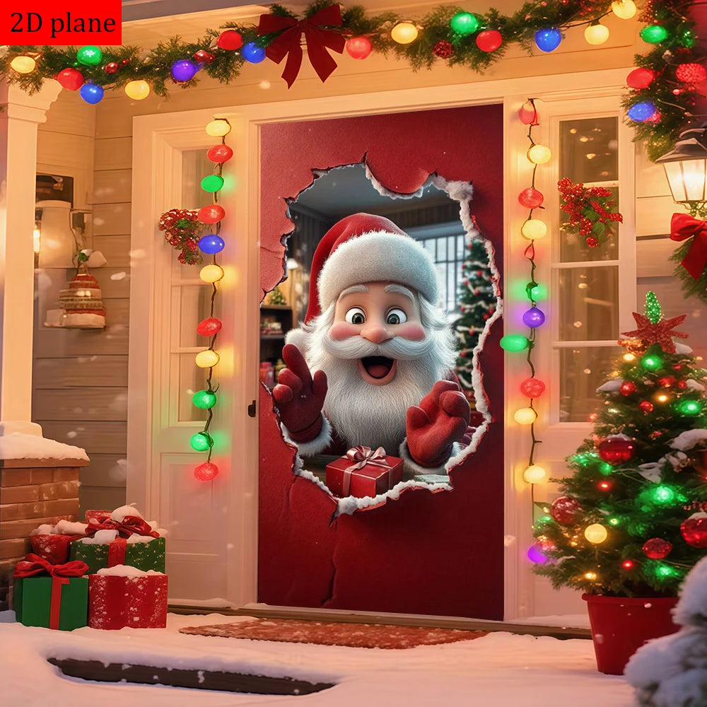 A festive red door cover featuring a Santa Claus face with a beard and red suit, decorated with Christmas lights and greenery