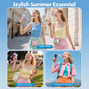 Three women show off a stylish summer essential cooling fan used for daily travel, music festivals, and outdoor camping.