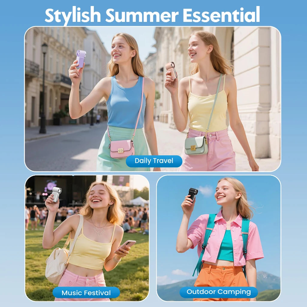 Three women show off a stylish summer essential cooling fan used for daily travel, music festivals, and outdoor camping.