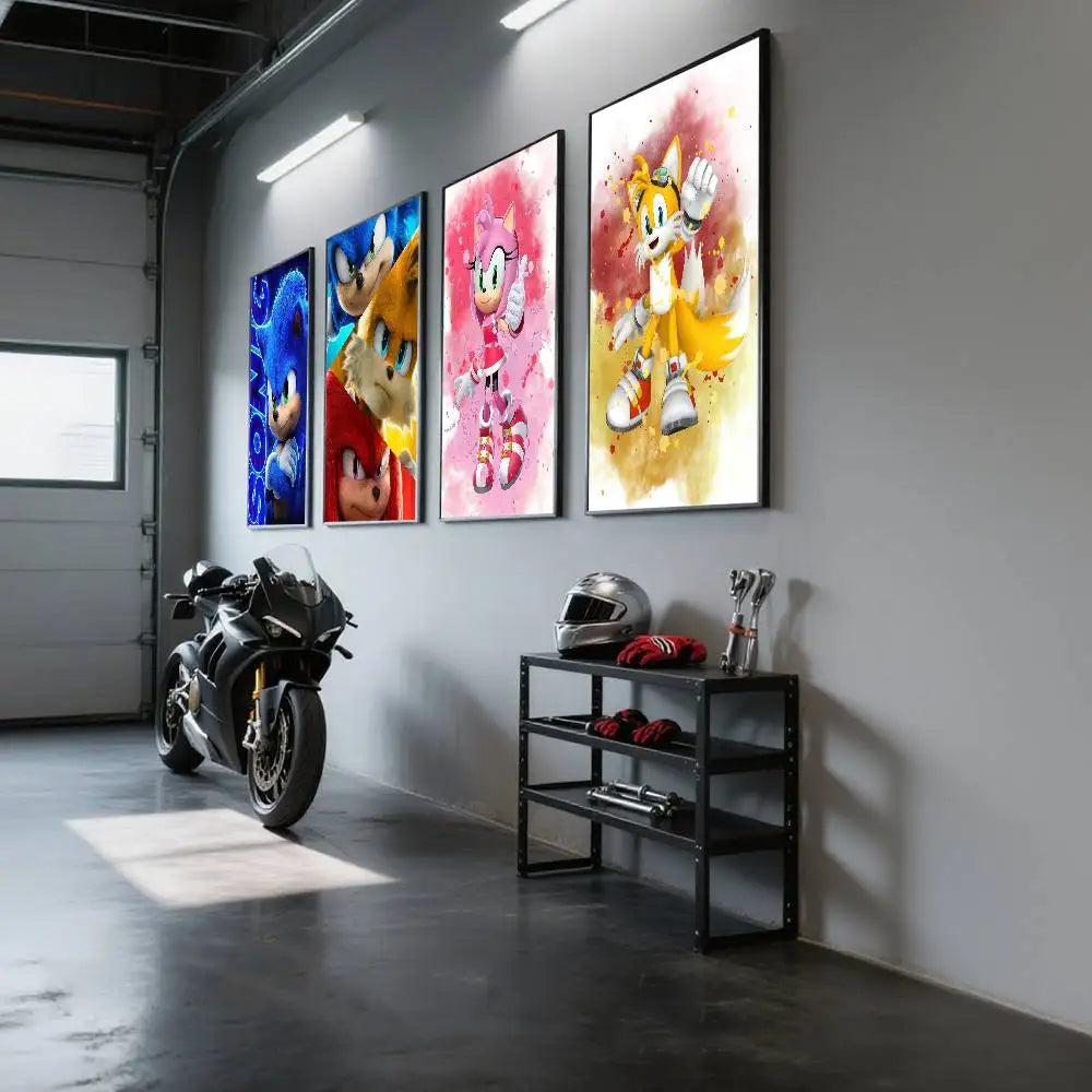 A collection of three anime-style movie posters featuring Sonic the Hedgehog characters displayed on a gray wall.