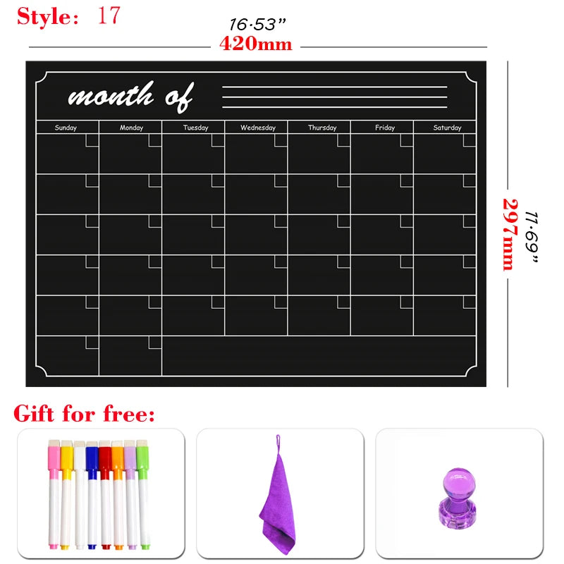 A3 magnetic dry erase planner with a monthly calendar grid and free gifts including pens, a cloth, and a charm