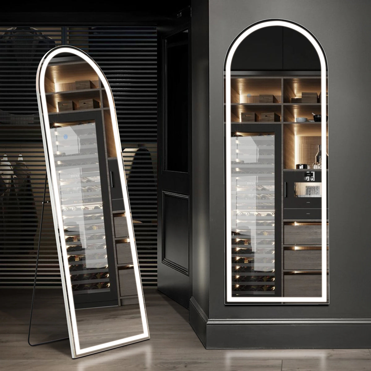 A full-length LED floor mirror with an arched frame and internal lighting displayed in a modern interior.