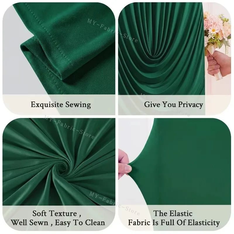 A dark emerald green stretchy fabric showing various textures and sewing details for an arch cover.