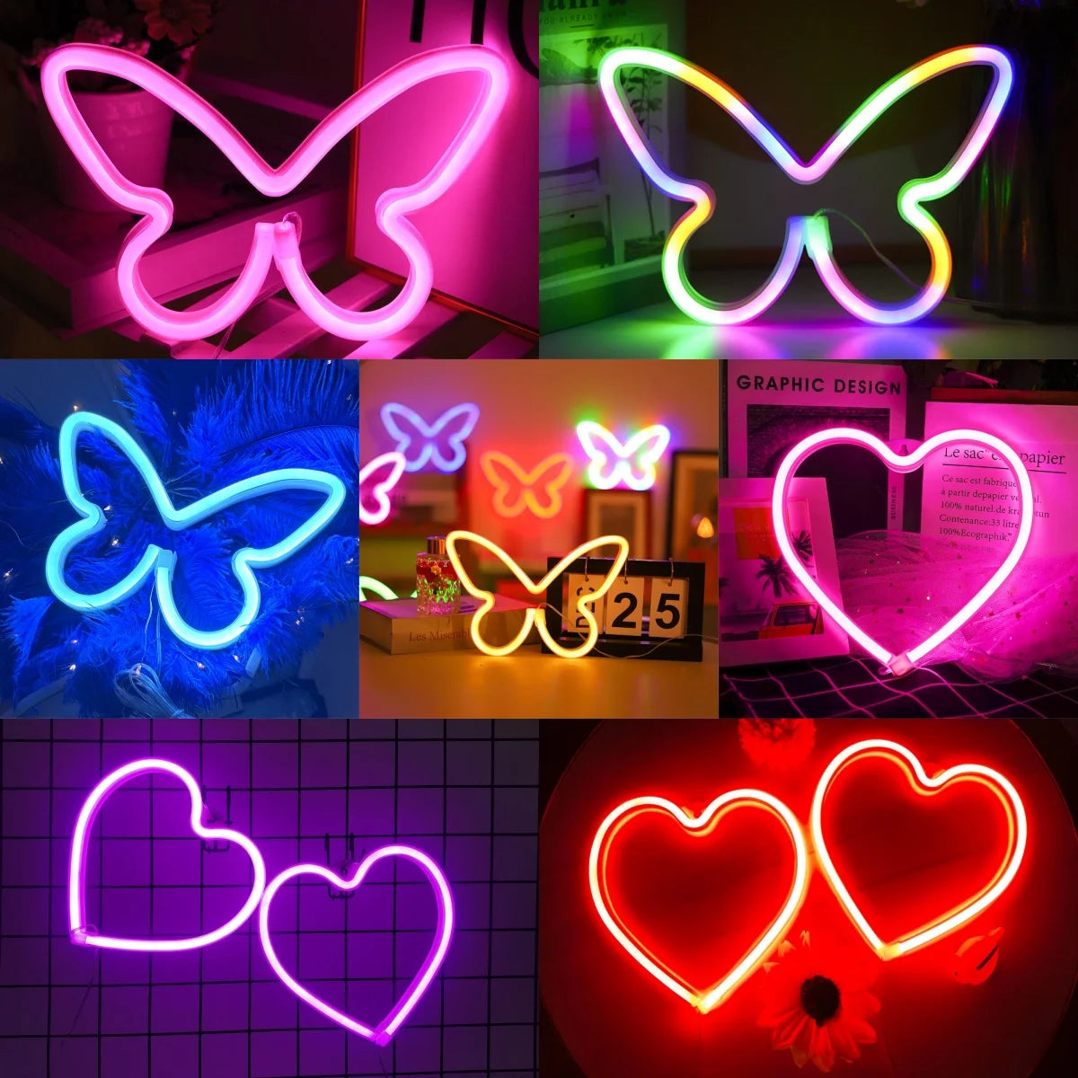 Various neon butterfly and heart signs in pink, green, blue, and red colors displayed on a surface.