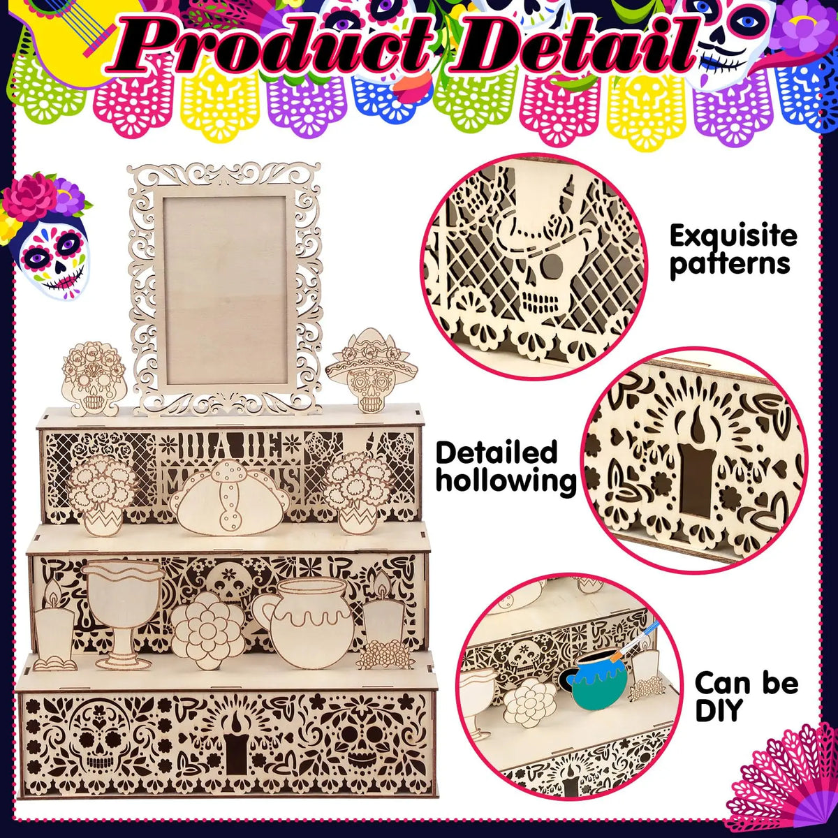 A tiered wooden memory box for Día de los Muertos featuring intricate patterns and a photo display.