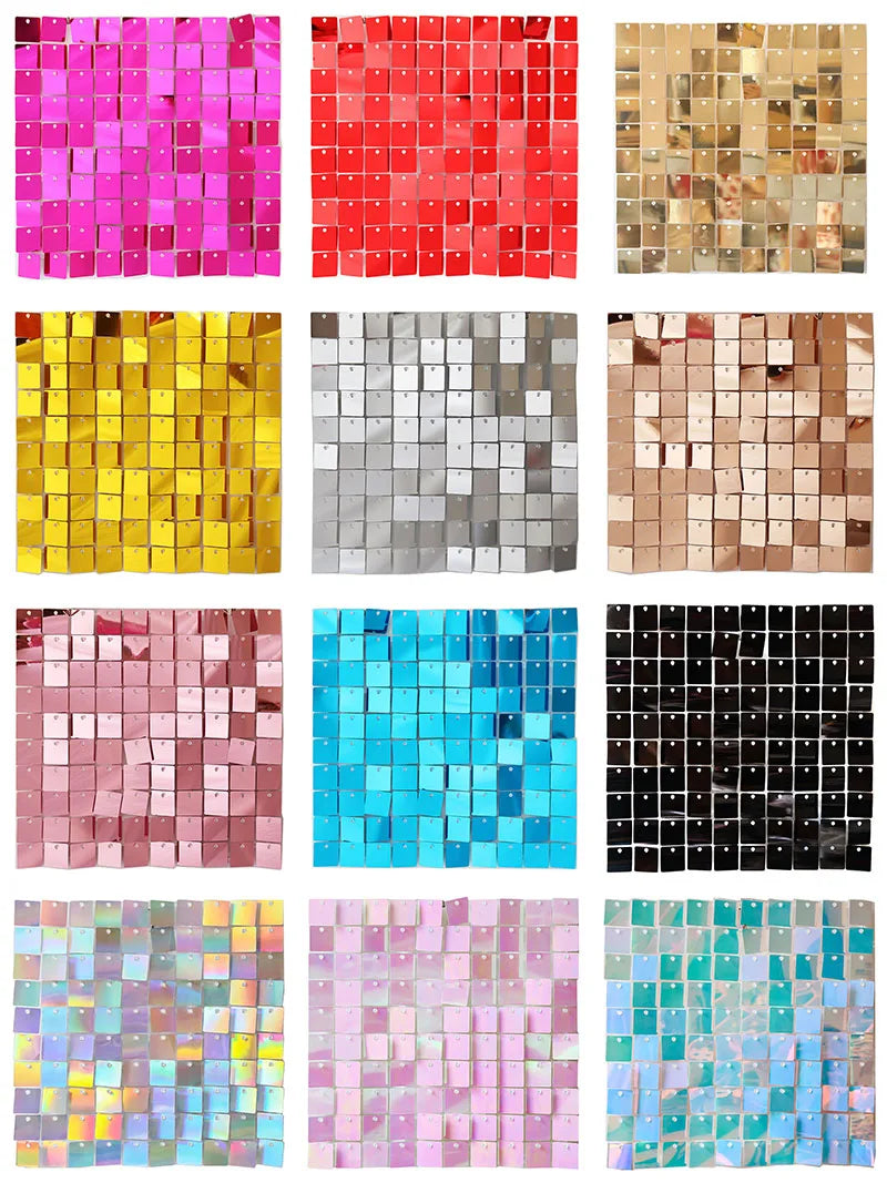 A grid of iridescent sequin shimmer wall panels in various colors and textures.