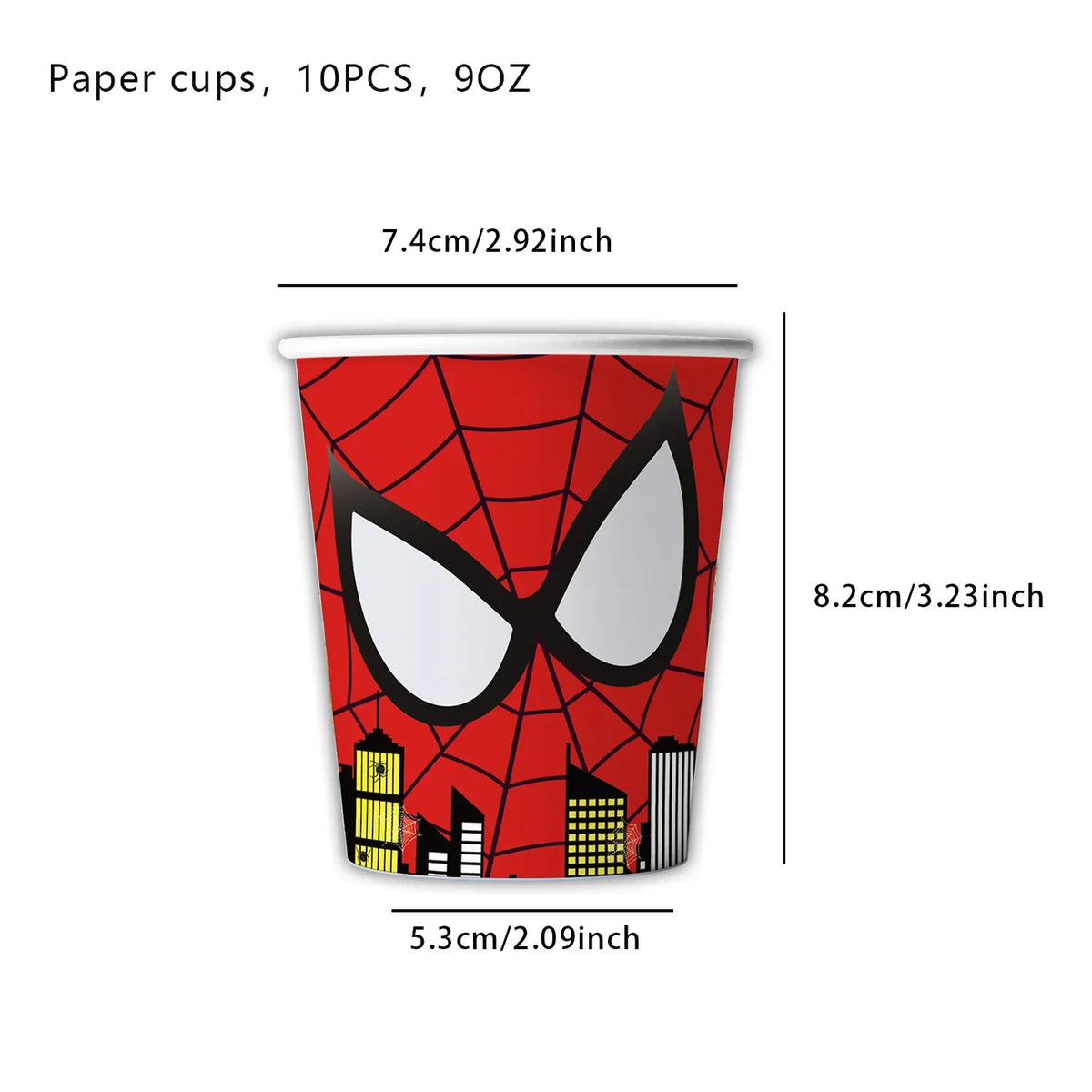 A red paper cup decorated with a black spider emblem and cityscape silhouette.
