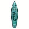 A vertical wooden wall decor sign shaped like a surfboard featuring a mermaid silhouette and a seashell design in teal.