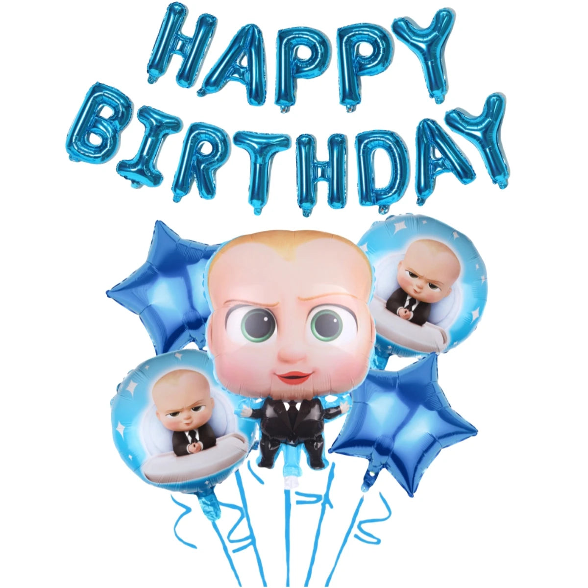 Blue balloon letters spelling HAPPY BIRTHDAY with baby figures and stars